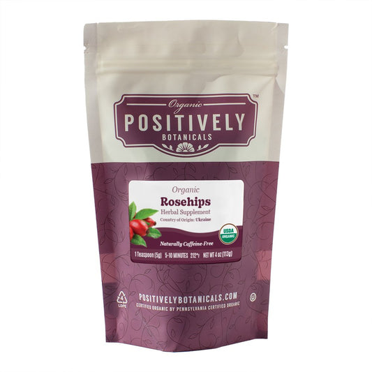 Positively Botanicals Organic Rosehips herbal supplement, 4 oz resealable bag, naturally caffeine-free and nutrient-packed.
