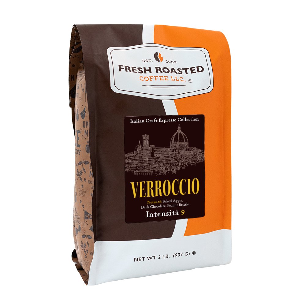 Fresh Roasted Coffee Verrocchio espresso beans, 2 lb bag crafted for espresso lovers seeking a strong Intensity 9 blend with baked apple, dark chocolate, and caramelized nut flavors.