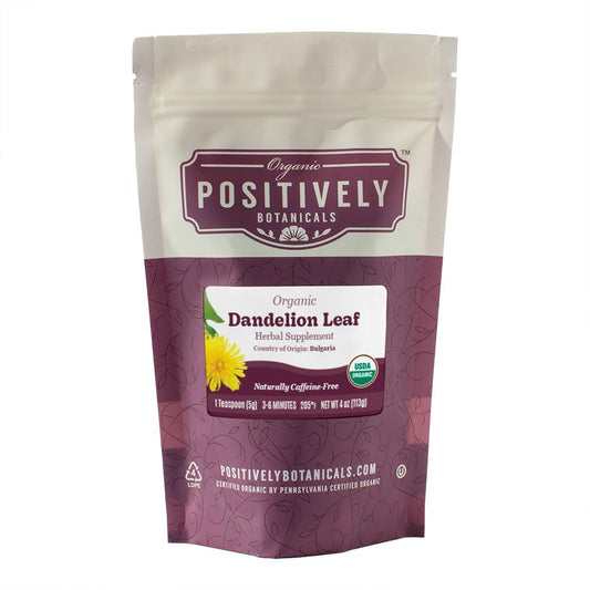 Positively Botanicals Organic Dandelion Leaf herbal supplement, 4 oz resealable bag, naturally caffeine-free and nutrient-rich.