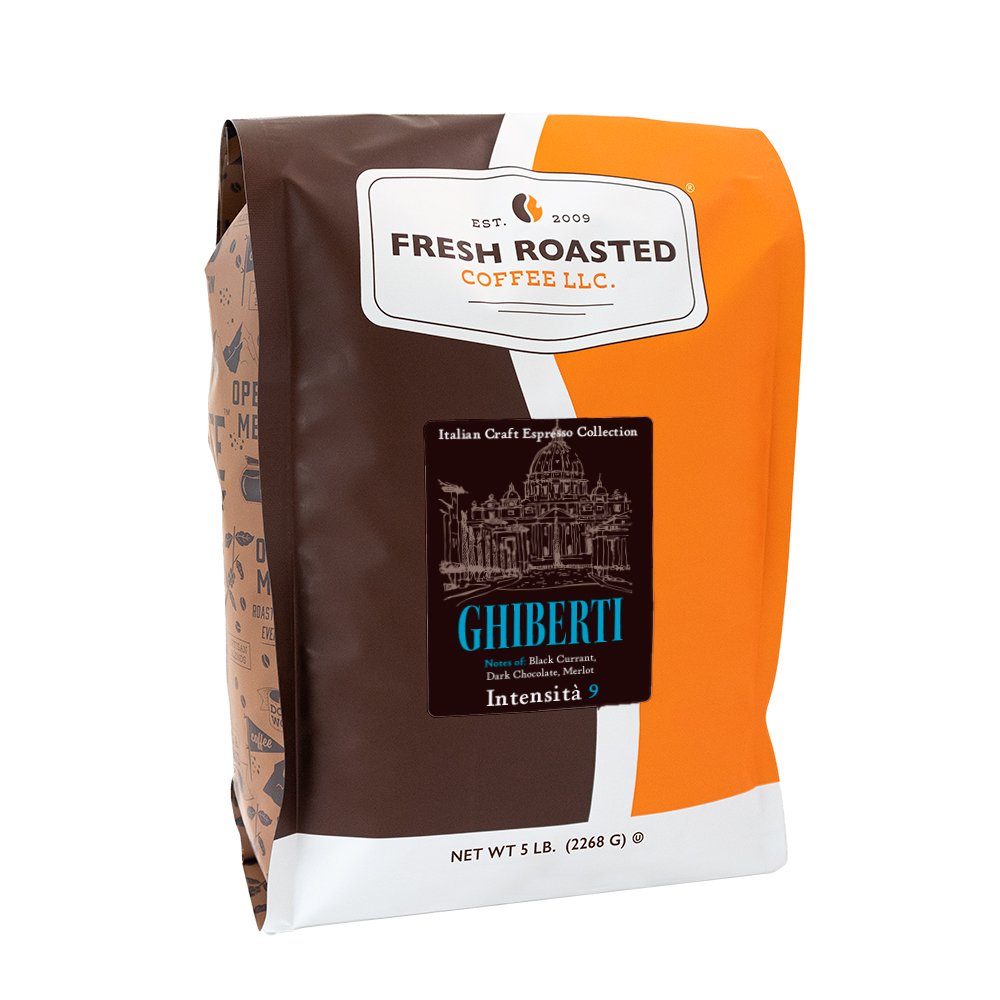 Bulk size Ghiberti espresso coffee, 5 lb bag, delivering consistent rich flavor—black currant, dark chocolate, merlot—with a bold Intensity 9 profile.