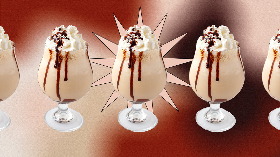 A line of Irish coffee milkshakes on a mesh gradient background.
