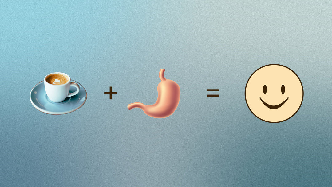 An image showing a cup of espresso, a human stomach, and a smiley face.