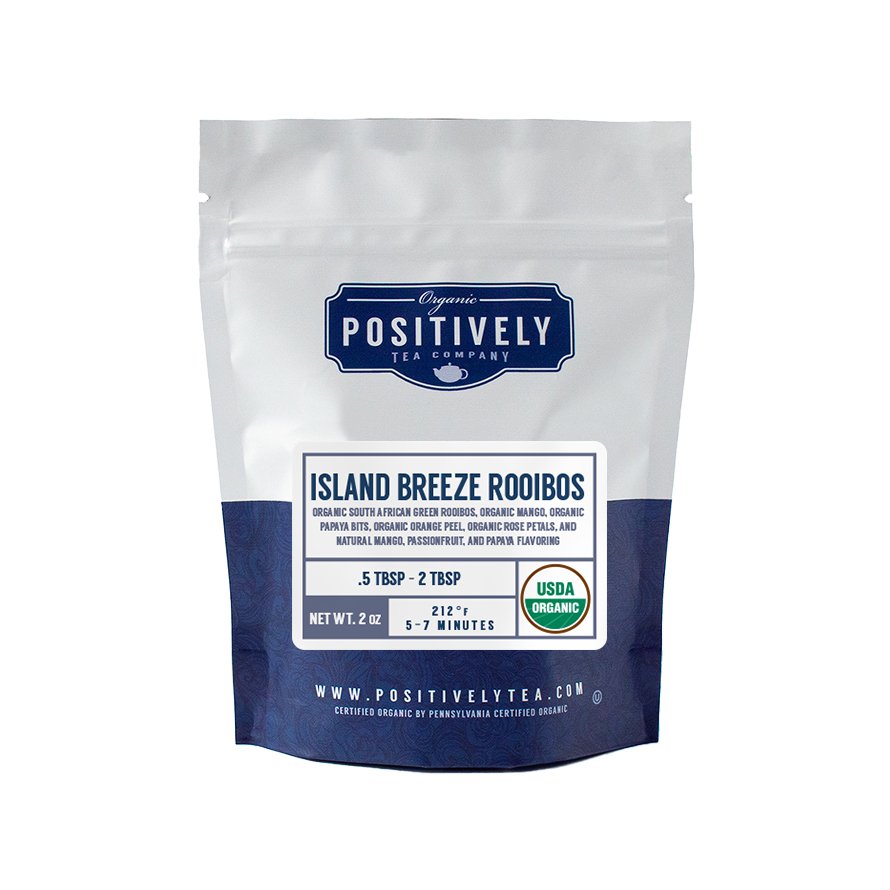 Positively Tea Company Island Breeze Rooibos tea, sampler size 2oz bag with a tropical fruity blend of mango and papaya pieces.