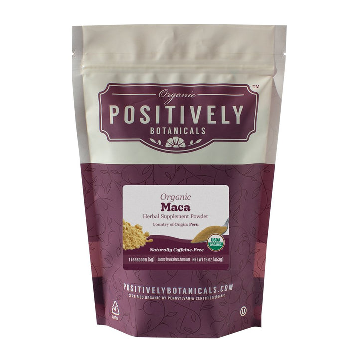 Positively Botanicals Organic Maca herbal supplement powder, 1 lb bulk bag, ideal for energy support and overall vitality.