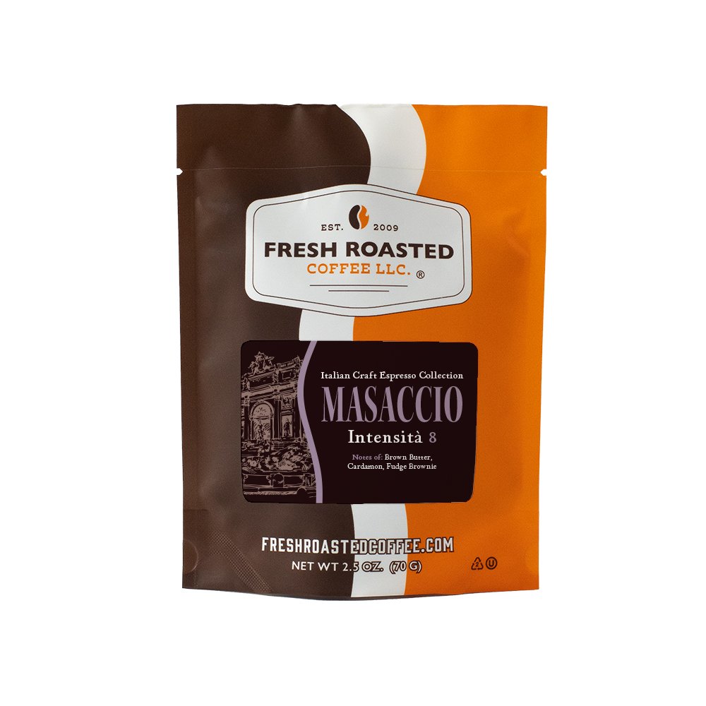 Masaccio espresso sampler size bag, offering a taste of smooth brown butter sweetness with cardamom spice and fudge brownie undertones.