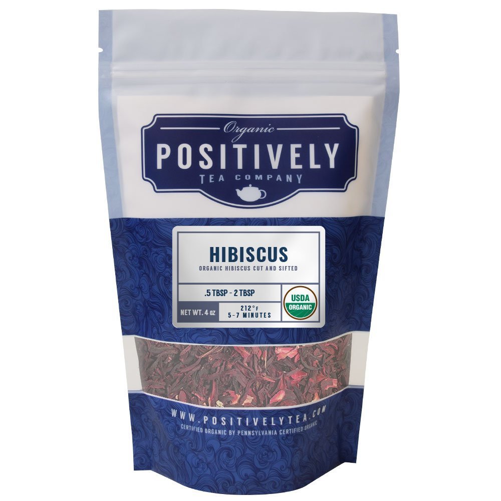 Positively Tea Company Organic Hibiscus tea, 4oz bag of dried hibiscus petals, perfect for tart, refreshing brews.