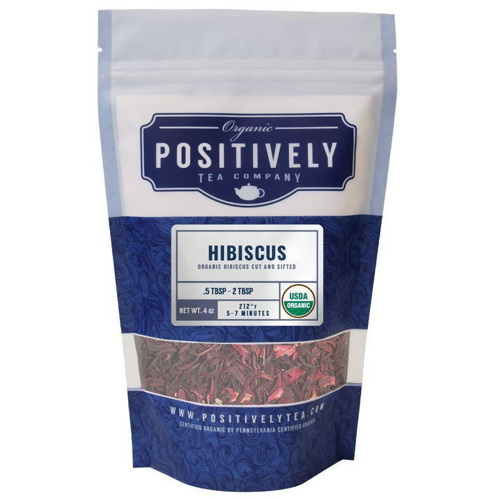 Positively Tea Company Organic Hibiscus tea, 4oz bag of dried hibiscus petals, perfect for tart, refreshing brews.