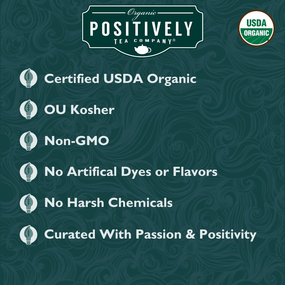 Positively Tea Company Raspberry Rosé herbal tea certifications, highlighting USDA Organic, Non-GMO, and all-natural ingredients.