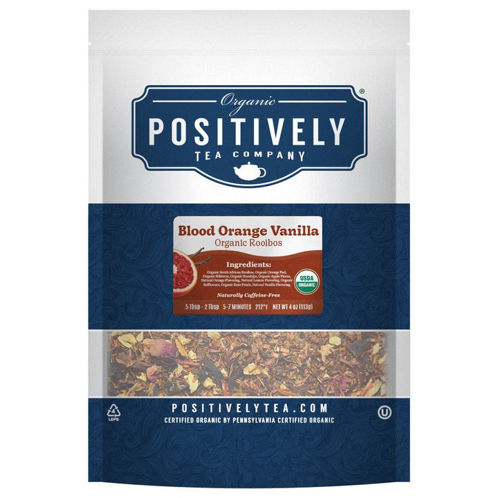 Positively Tea Company Blood Orange Vanilla Rooibos tea, 4oz bag of organic rooibos with zesty blood orange and smooth vanilla notes.