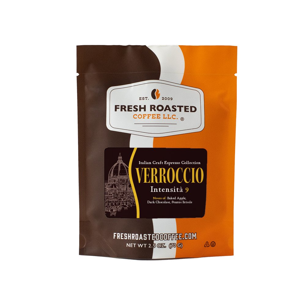 Verrocchio espresso sampler size bag, offering a taste of bold baked apple brightness, rich dark chocolate, and sweet peanut brittle flavor notes.