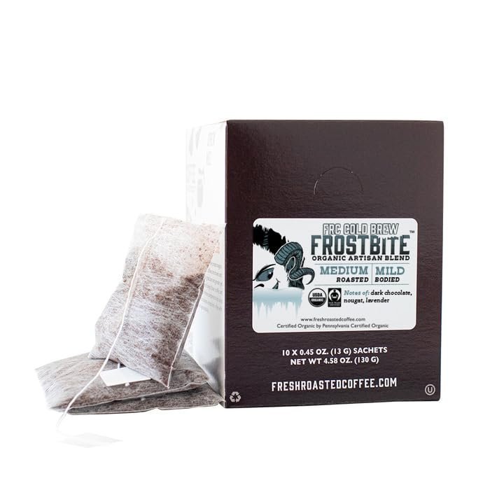Fresh Roasted Coffee Frostbite Cold Brew sachets, 10-count box of individually packaged organic cold brew bags.