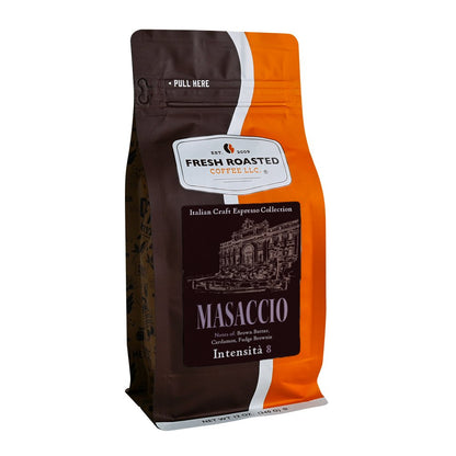 Fresh Roasted Coffee LLC Masaccio espresso coffee beans, 12 oz bag, highlighting smooth brown butter, cardamom, and fudge brownie flavor notes with a medium-dark Intensity 8 roast.