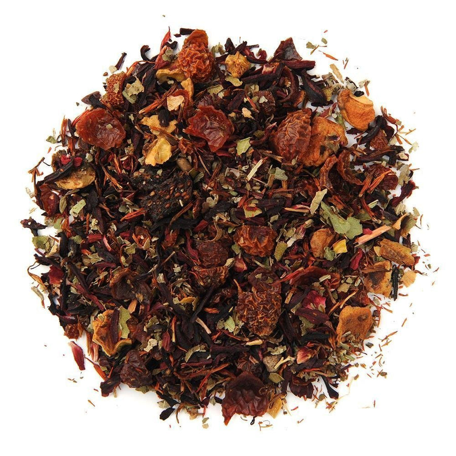 Organic Very Berry Citrus loose leaf herbal tea blend, featuring hibiscus, berries, and citrus peel for a fruity, refreshing flavor.