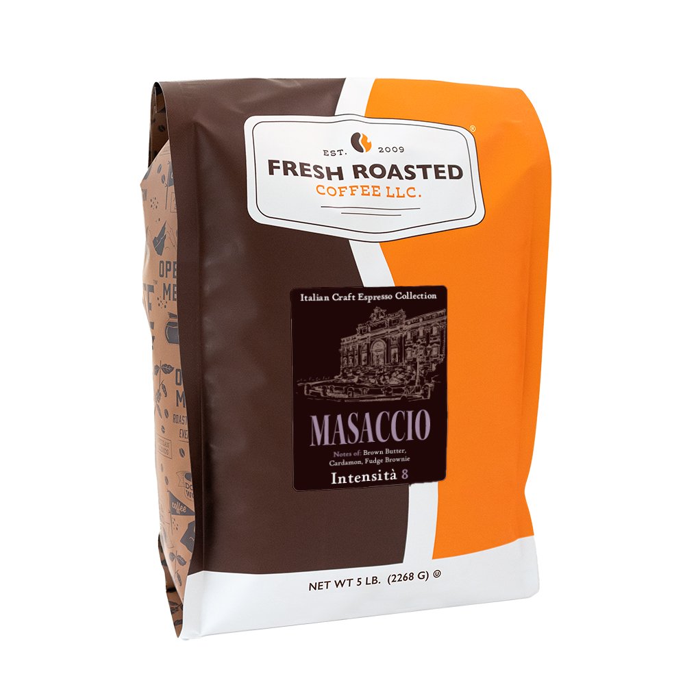 Bulk size Masaccio espresso coffee beans, 5 lb bag, delivering full-bodied Intensity 8 roast with decadent brown butter, cardamom, and fudge brownie notes.
