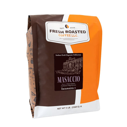 Bulk size Masaccio espresso coffee beans, 5 lb bag, delivering full-bodied Intensity 8 roast with decadent brown butter, cardamom, and fudge brownie notes.