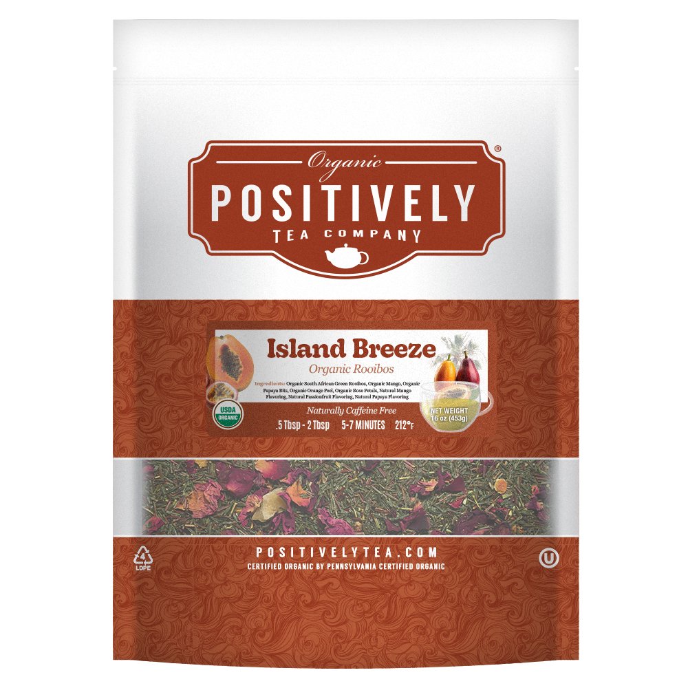 Positively Tea Company Island Breeze Rooibos tea, 1lb bulk bag with a tropical fruit infusion of mango, papaya, and citrus notes.