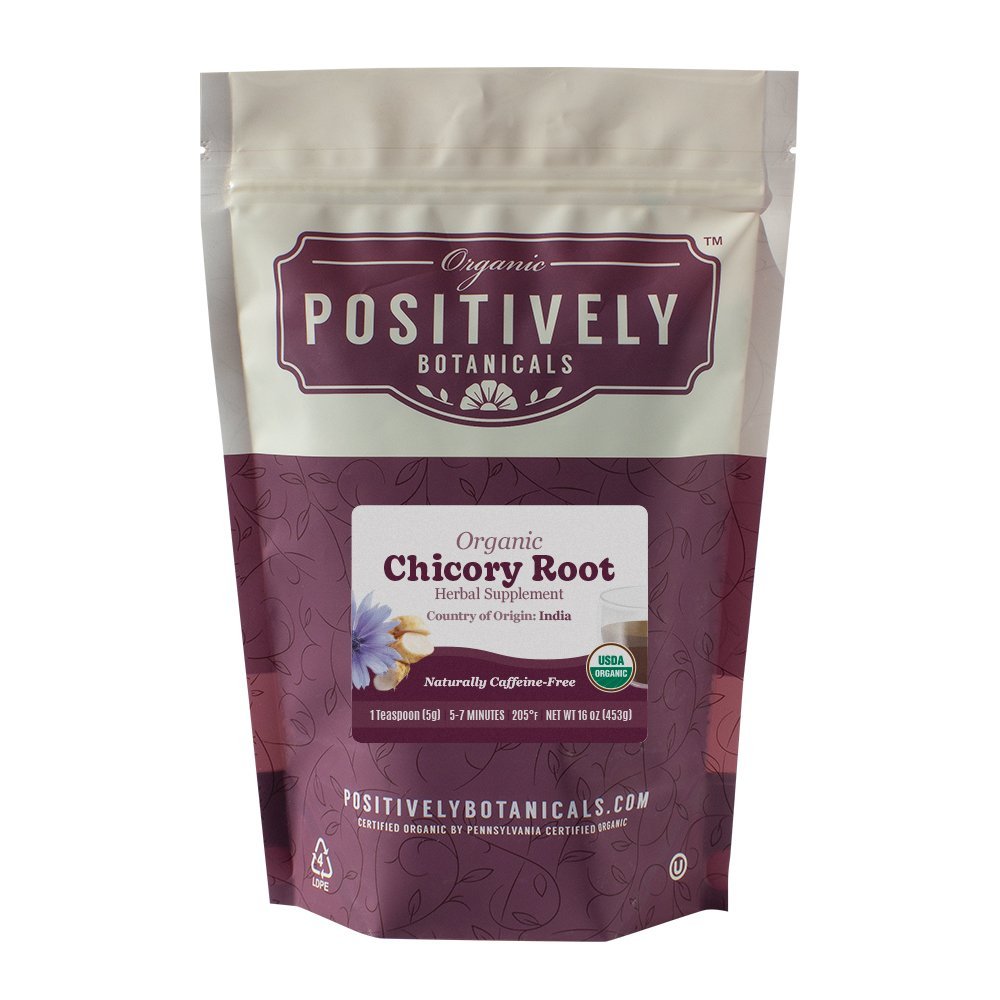 Positively Botanicals Organic Chicory Root herbal supplement, bulk 1 lb bag, rich roasted flavor, perfect as a coffee alternative.