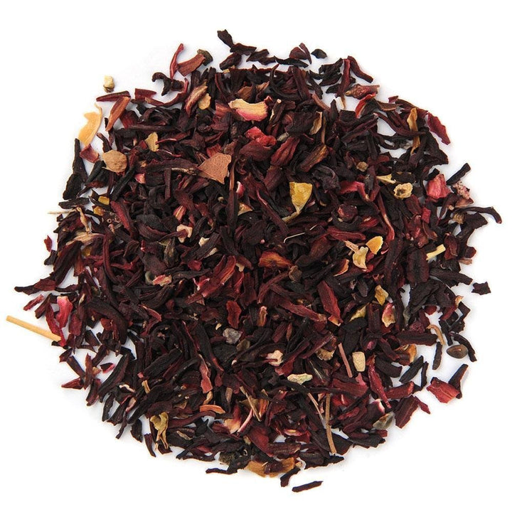 Positively Tea Company Organic Hibiscus loose leaf tea, cut and sifted petals with a naturally tart, floral aroma.