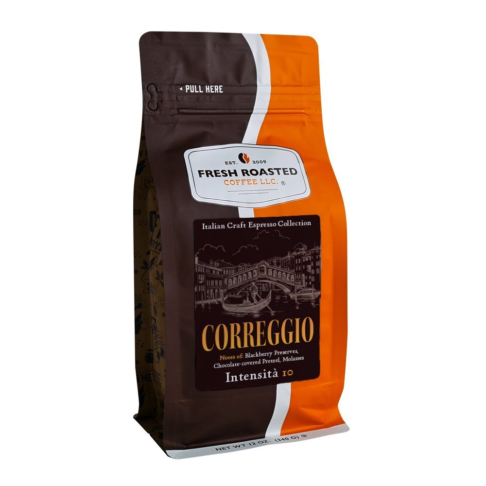Fresh Roasted Coffee Correggio espresso beans, 12-ounce bag, featuring rich notes of blackberry preserves, chocolate-covered pretzel, and molasses.