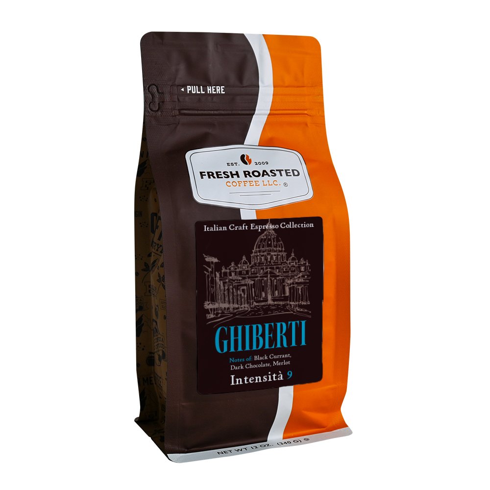 Fresh Roasted Coffee LLC Ghiberti espresso coffee beans, 12 oz bag, highlighting bold flavor notes of black currant, dark chocolate, and merlot with Intensity 9 roast.


