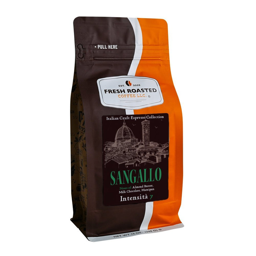 Fresh Roasted Coffee Sangallo espresso beans, 12-ounce bag, Italian Craft Espresso Collection with notes of almond butter, milk chocolate, and marzipan.