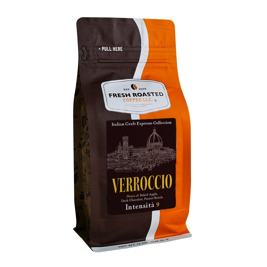 Fresh Roasted Coffee LLC Verrocchio espresso coffee beans, 12 oz bag, highlighting bold notes of baked apple, dark chocolate, and peanut brittle with Intensity 9 Italian roast.