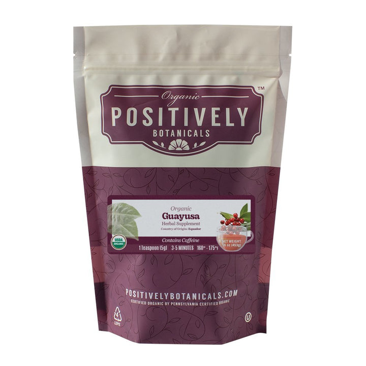 Positively Botanicals Organic Guayusa herbal supplement, 16 oz bulk bag, ideal for natural sustained energy support.