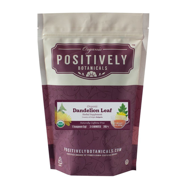 Positively Botanicals Organic Dandelion Leaf herbal supplement, 16 oz bulk bag, ideal for daily herbal health routines.