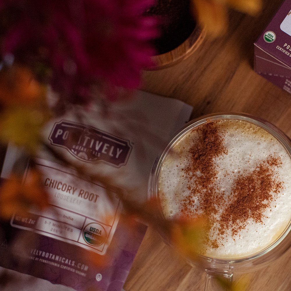 Positively Botanicals Chicory Root drink topped with frothy cinnamon, showcasing its warm, roasted aroma and naturally caffeine-free profile.