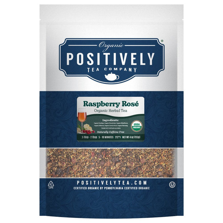 Positively Tea Company Raspberry Rosé herbal tea, 4 oz loose leaf blend of organic hibiscus, elderflower, and rosehips.