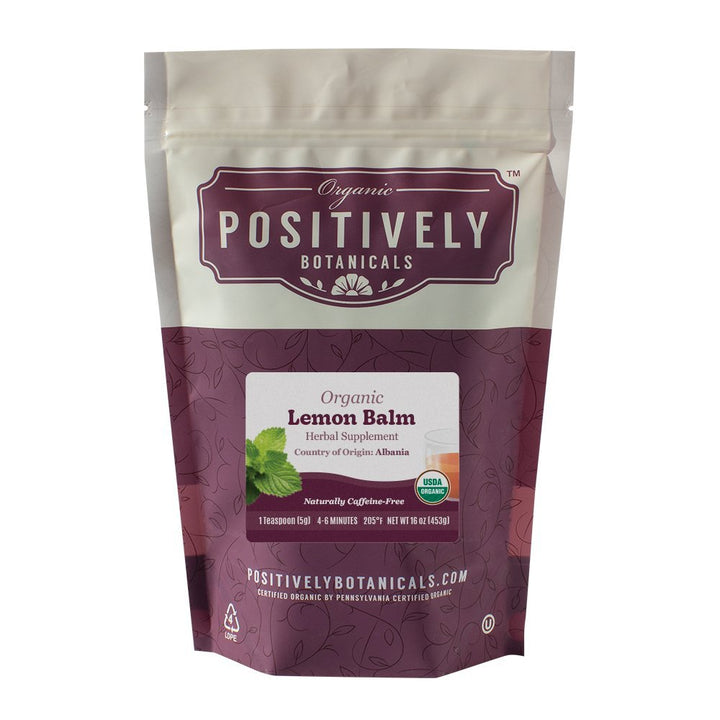 Positively Botanicals Organic Lemon Balm herbal tea, 1 lb bulk bag, perfect for daily calming tea brews.