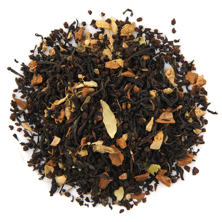 Organic Masala Chai loose leaf black tea blend with spices, featuring warm vanilla and cinnamon notes.
