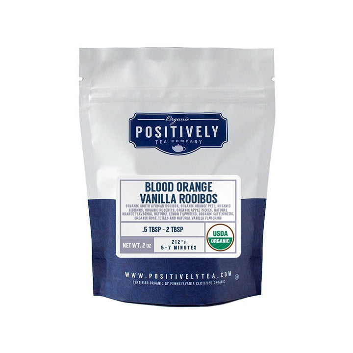 Positively Tea Company Blood Orange Vanilla Rooibos tea, sampler size 2oz bag with a sweet citrus and vanilla blend.