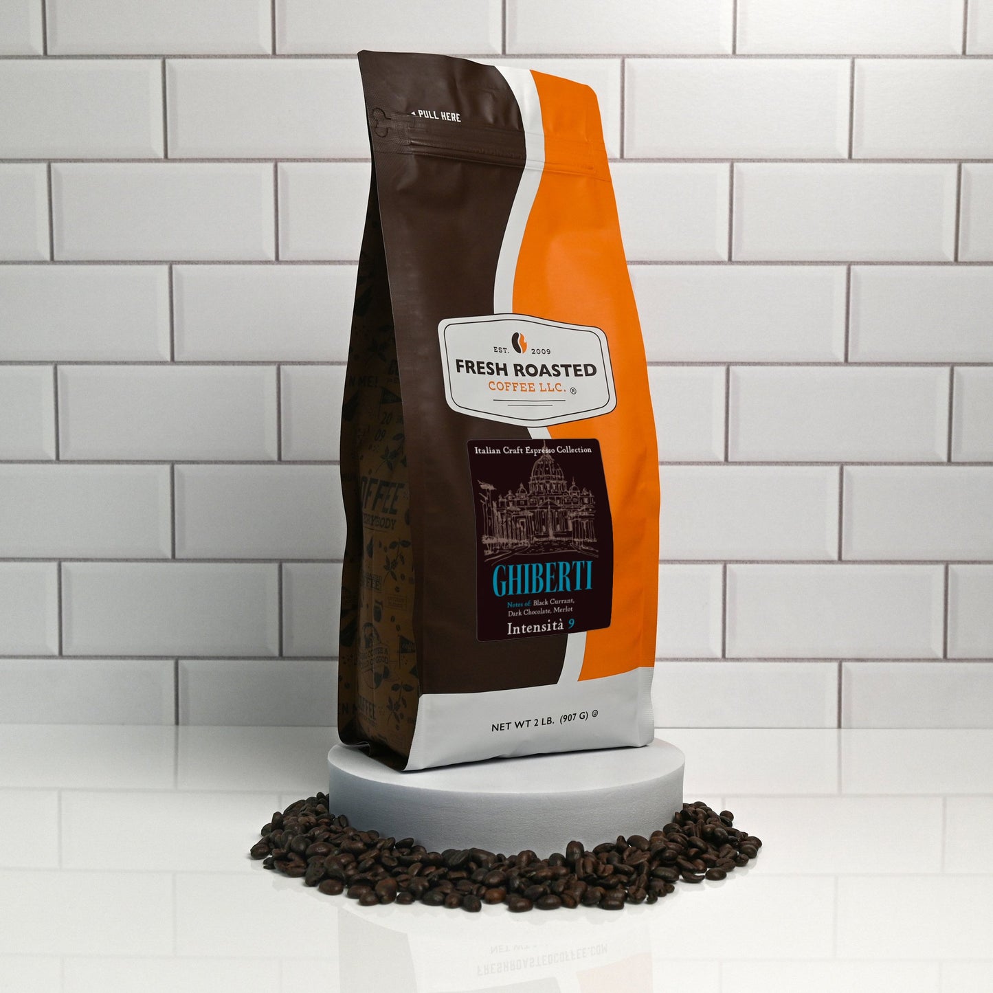 Fresh Roasted Coffee Ghiberti espresso blend, 2 lb bag displayed with whole beans, featuring a robust Intensity 9 roast with tasting notes of merlot, dark chocolate, and black currant.