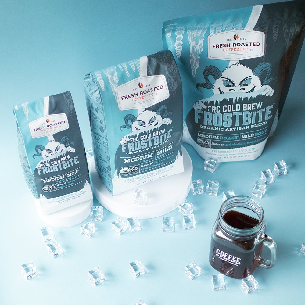 Fresh Roasted Coffee Frostbite Cold Brew bags in 12 oz, 2 lb, and 5 lb sizes, medium roast with chocolate and nougat flavor.