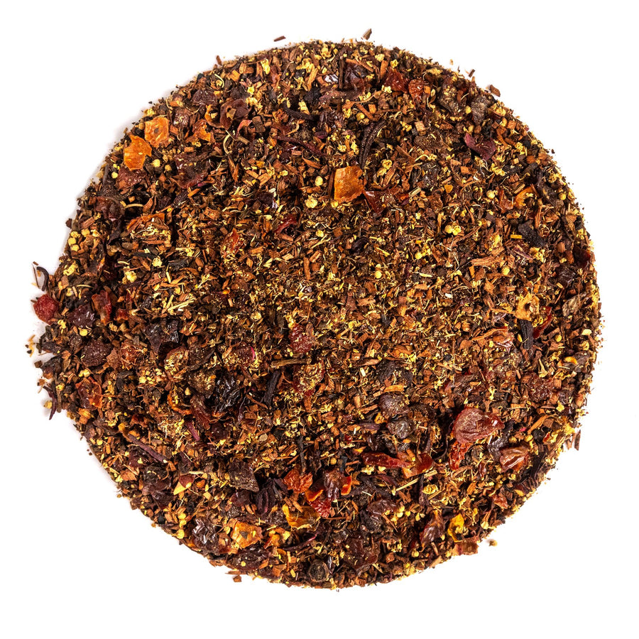 Positively Tea Company Raspberry Rosé loose leaf herbal tea, crafted with organic rosehips, elderflower, and hibiscus.