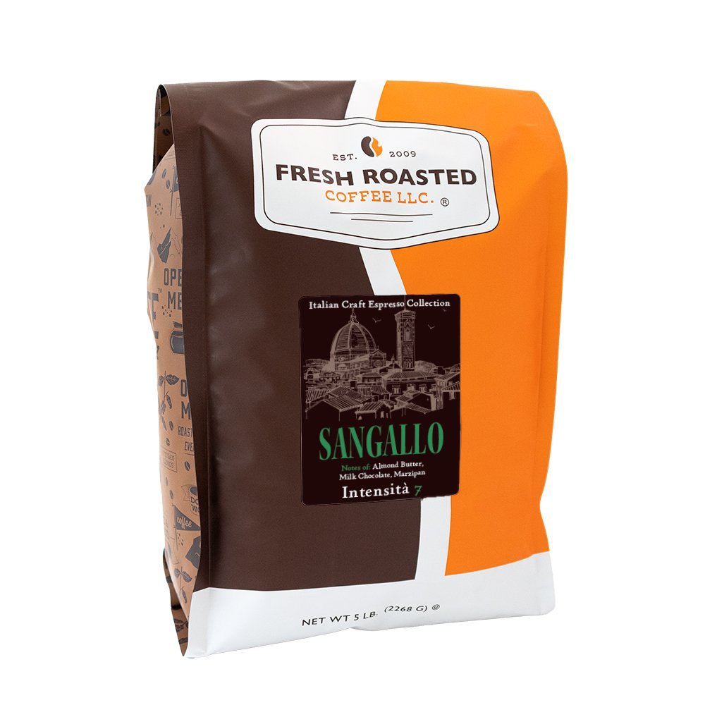 Fresh Roasted Coffee Sangallo espresso beans, 5-pound bulk bag, smooth and balanced Italian espresso with rich nutty sweetness.