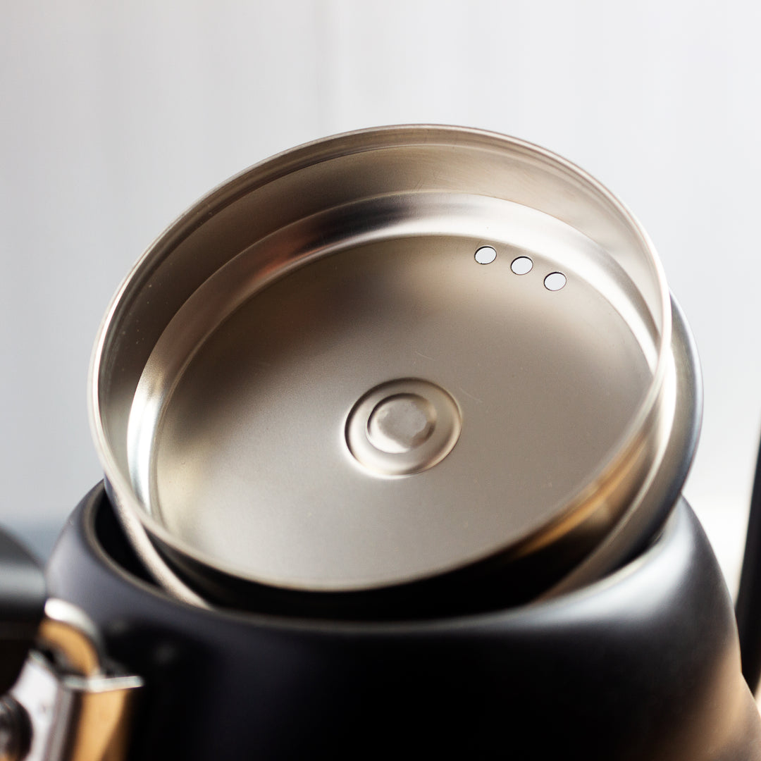 Close up of lid on Hario V60 Buono Coffee Drip Kettle.