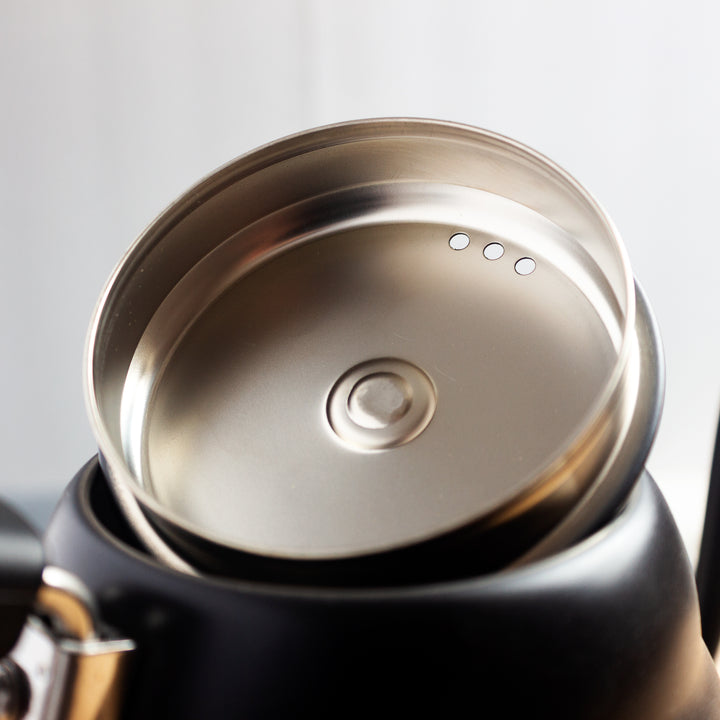 Close up of lid on Hario V60 Buono Coffee Drip Kettle.